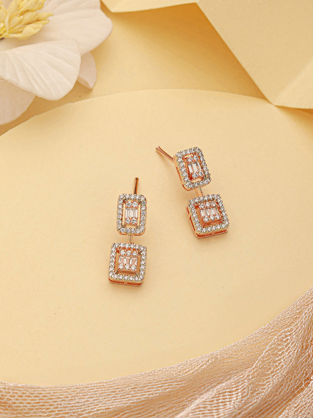 Rose Gold Plated Zircon Studded Classic Minimal Geometric Drop Earrings